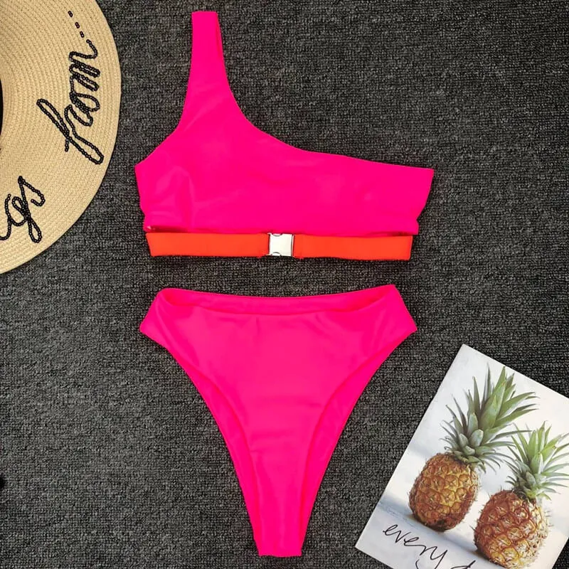 Rose Red One Shoulder High Rise Thong Bottom Bikinis