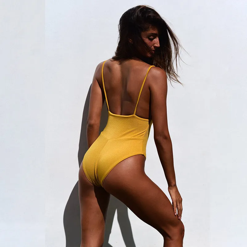 Sexy Plain Low Back High Cut Swimsuit