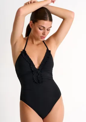Shan Classique Deep V Ruffle Halter Fullpiece - Caviar
