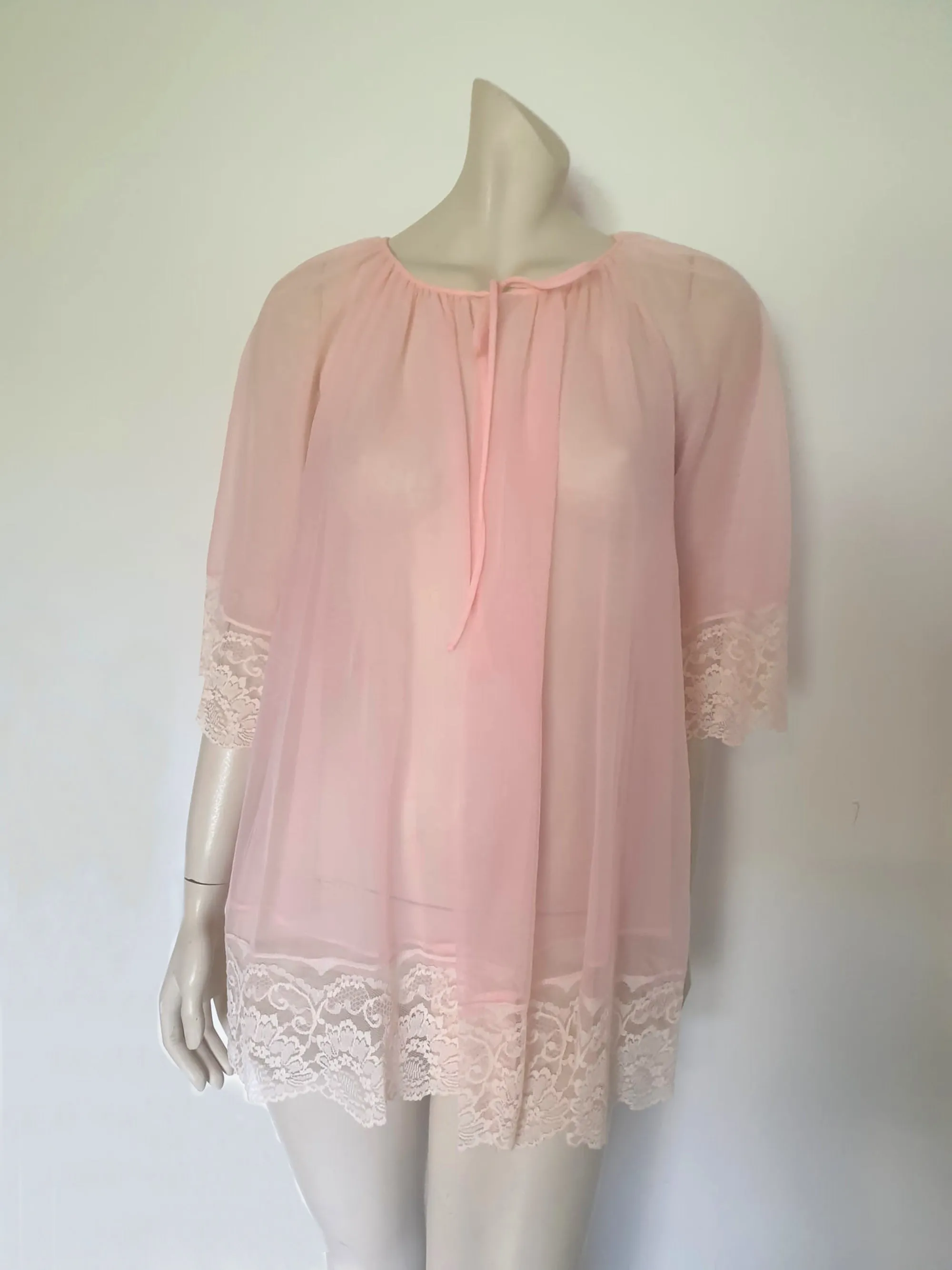 Sheer Pink Mini Robe With Lace - M