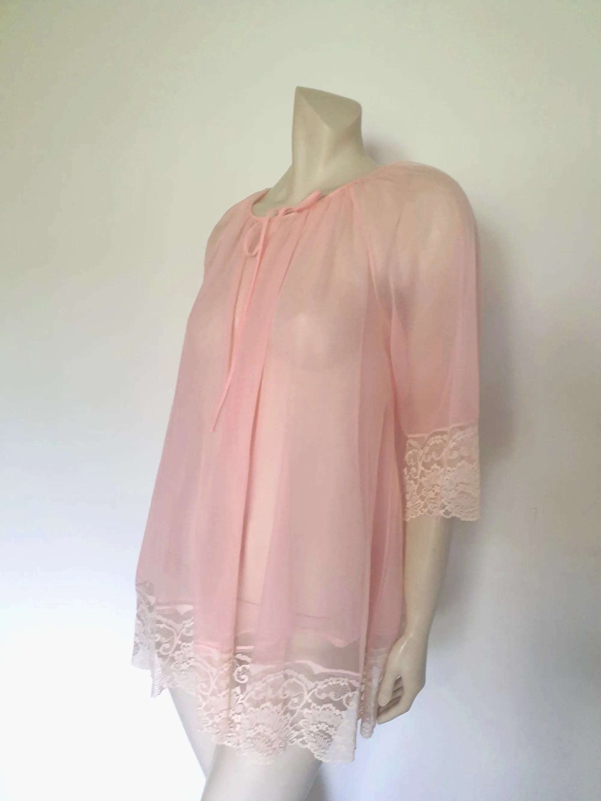 Sheer Pink Mini Robe With Lace - M