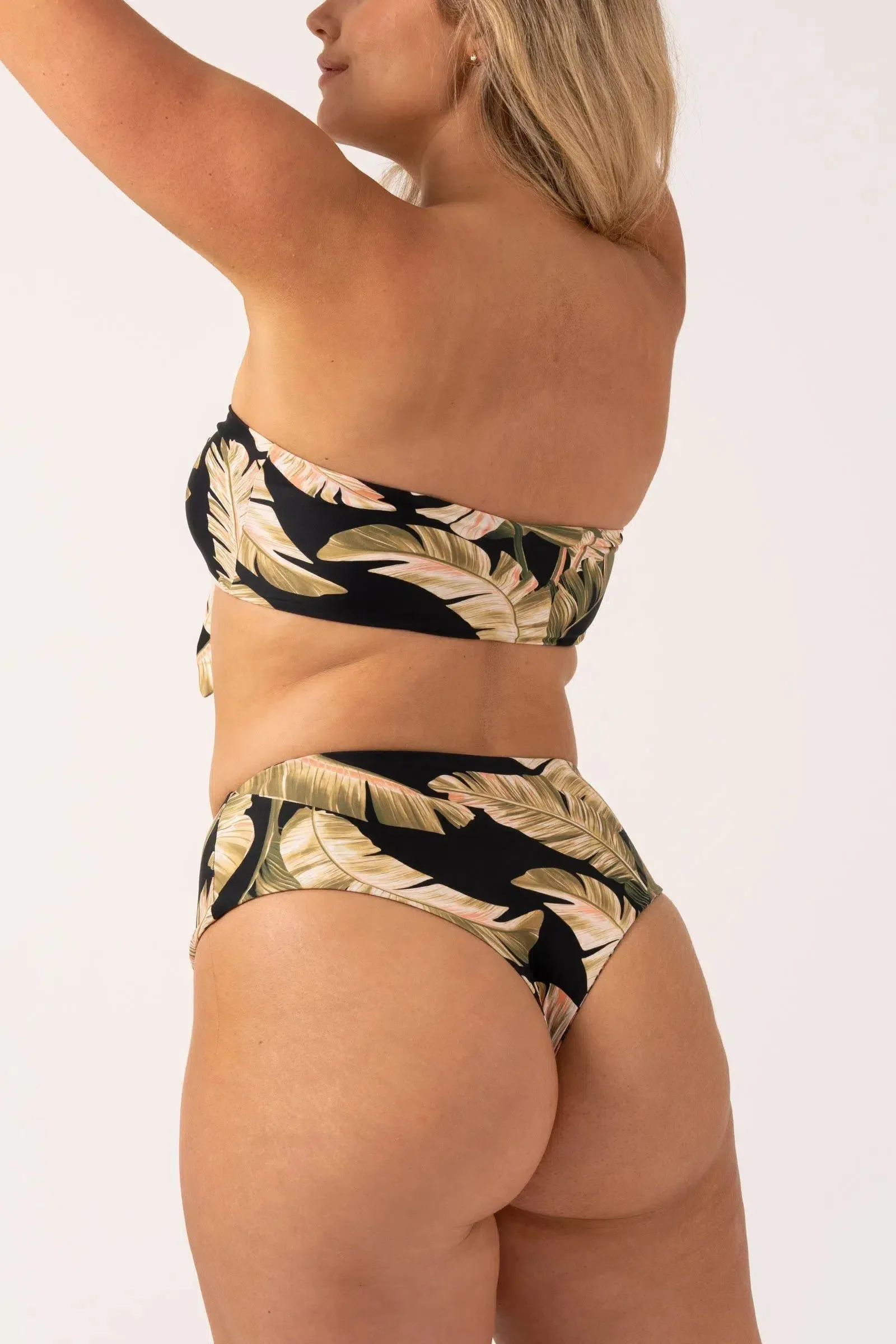 Silky Reversible Bandeau Bow Bikini Top - Black Tropical Leaf