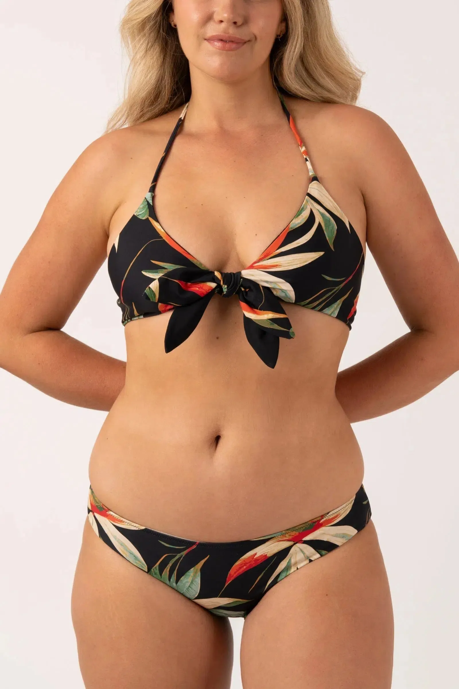 Silky Reversible Halter Bralette Bikini Top - Black Tropico