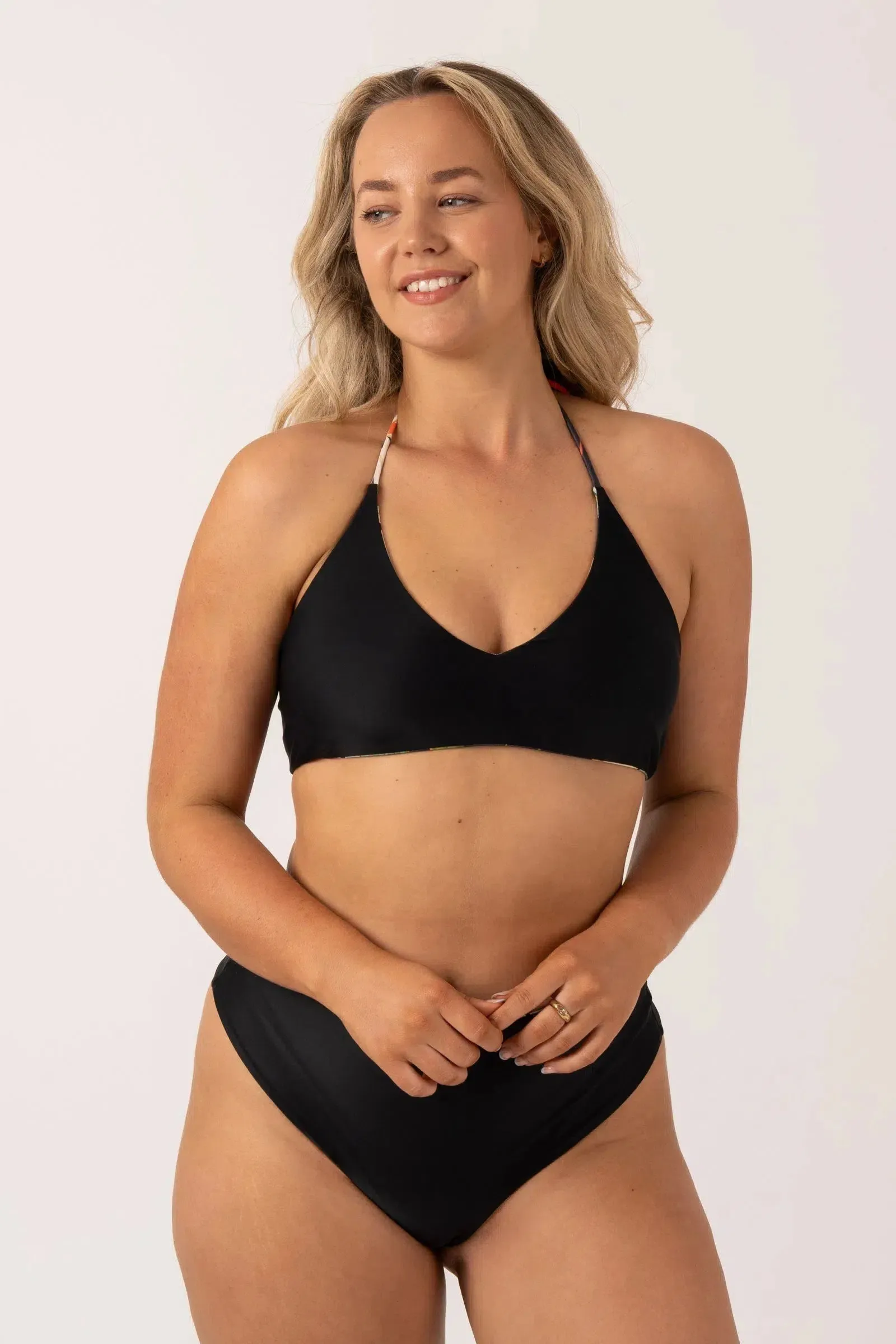 Silky Reversible Halter Bralette Bikini Top - Black Tropico
