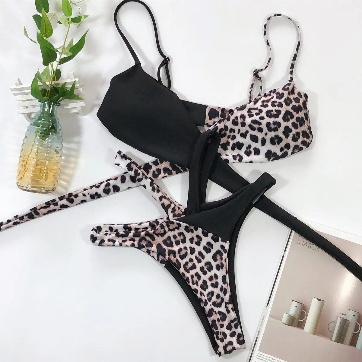 Strappy Print Colorblcok High Rise Thong Bottom Bikinis