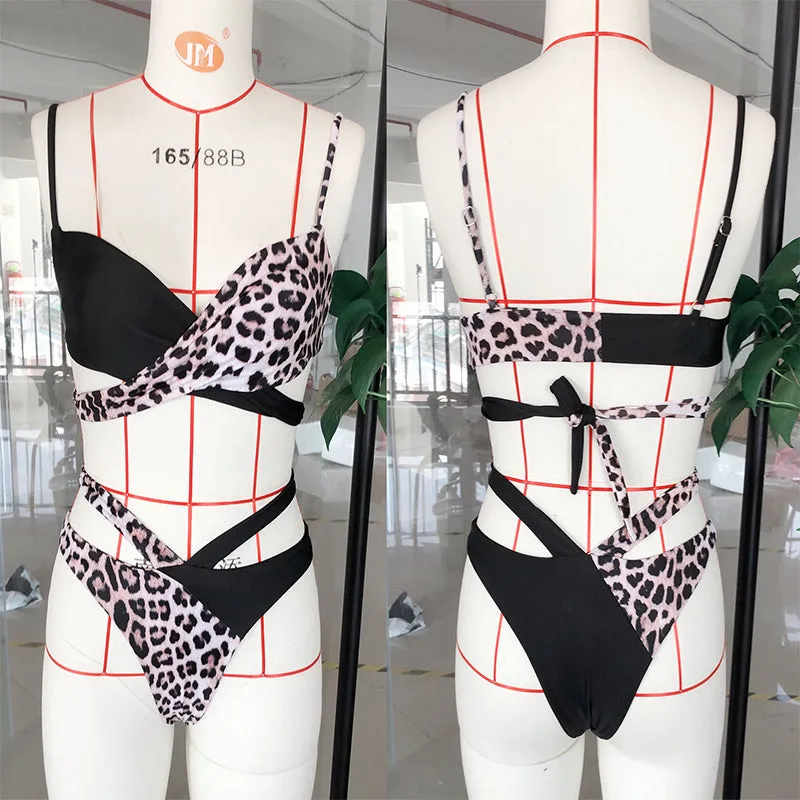 Strappy Print Colorblcok High Rise Thong Bottom Bikinis