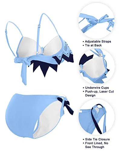 Sweetheart Neck Double Ruffle Bikini Top With Laser Cut Out Pattern-Blue