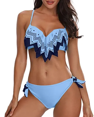 Sweetheart Neck Double Ruffle Bikini Top With Laser Cut Out Pattern-Blue