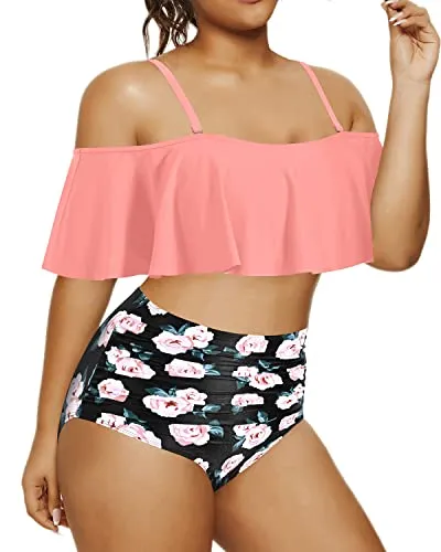 Tummy Control Plus Size Two Piece Bikini High Waist Bottoms-Coral Pink Floral