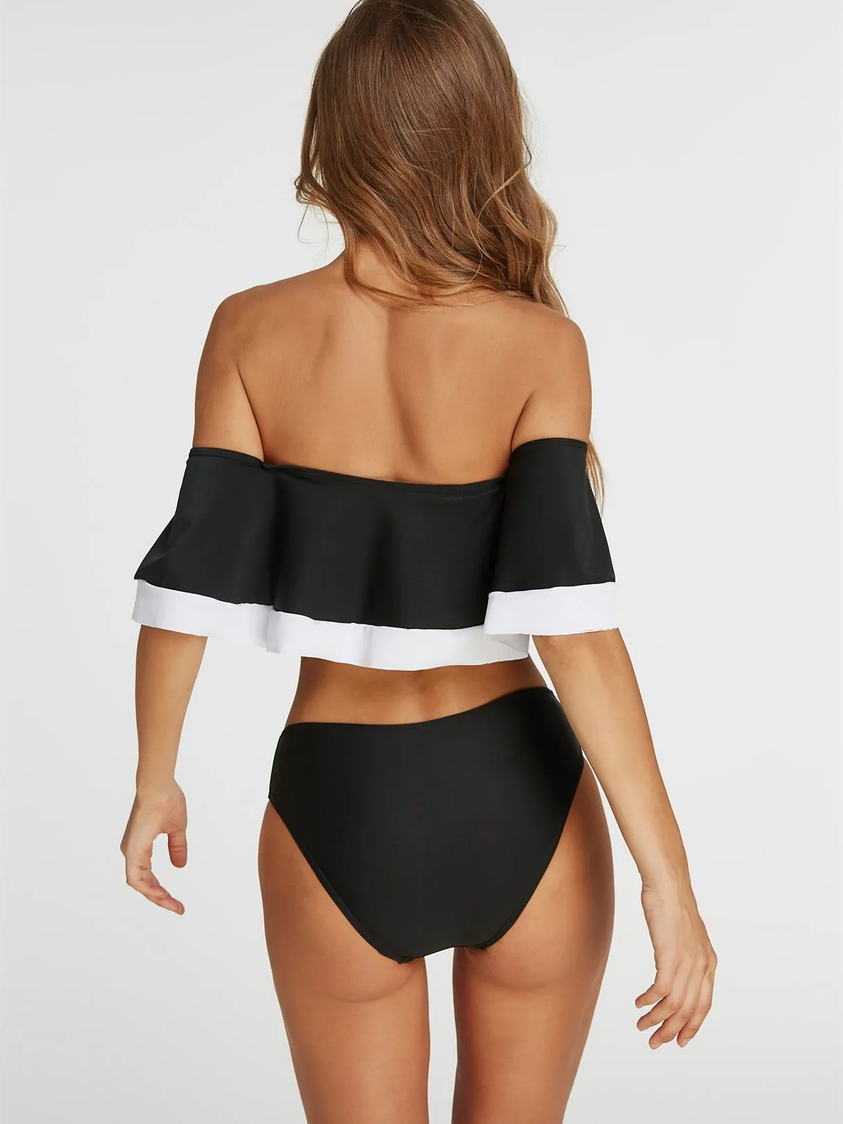 Wholesale Black Off The Shoulder Short Sleeve Plain Backless Flounced Hem Two Piece Bikinis