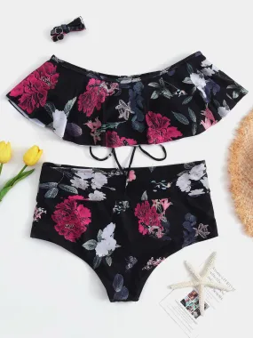 Wholesale Floral Print Spaghetti Strap Self-Tie Criss-Cross High-Waisted Bikinis