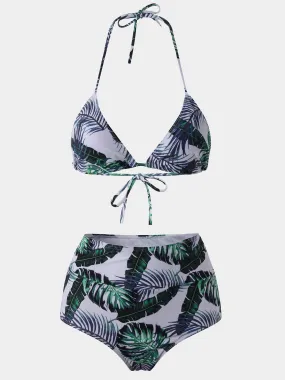 Wholesale Green V-Neck Sleeveless Floral Print High-Waisted Bikinis