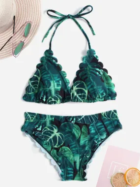 Wholesale Halter Printed Sleeveless Green Bikini Set
