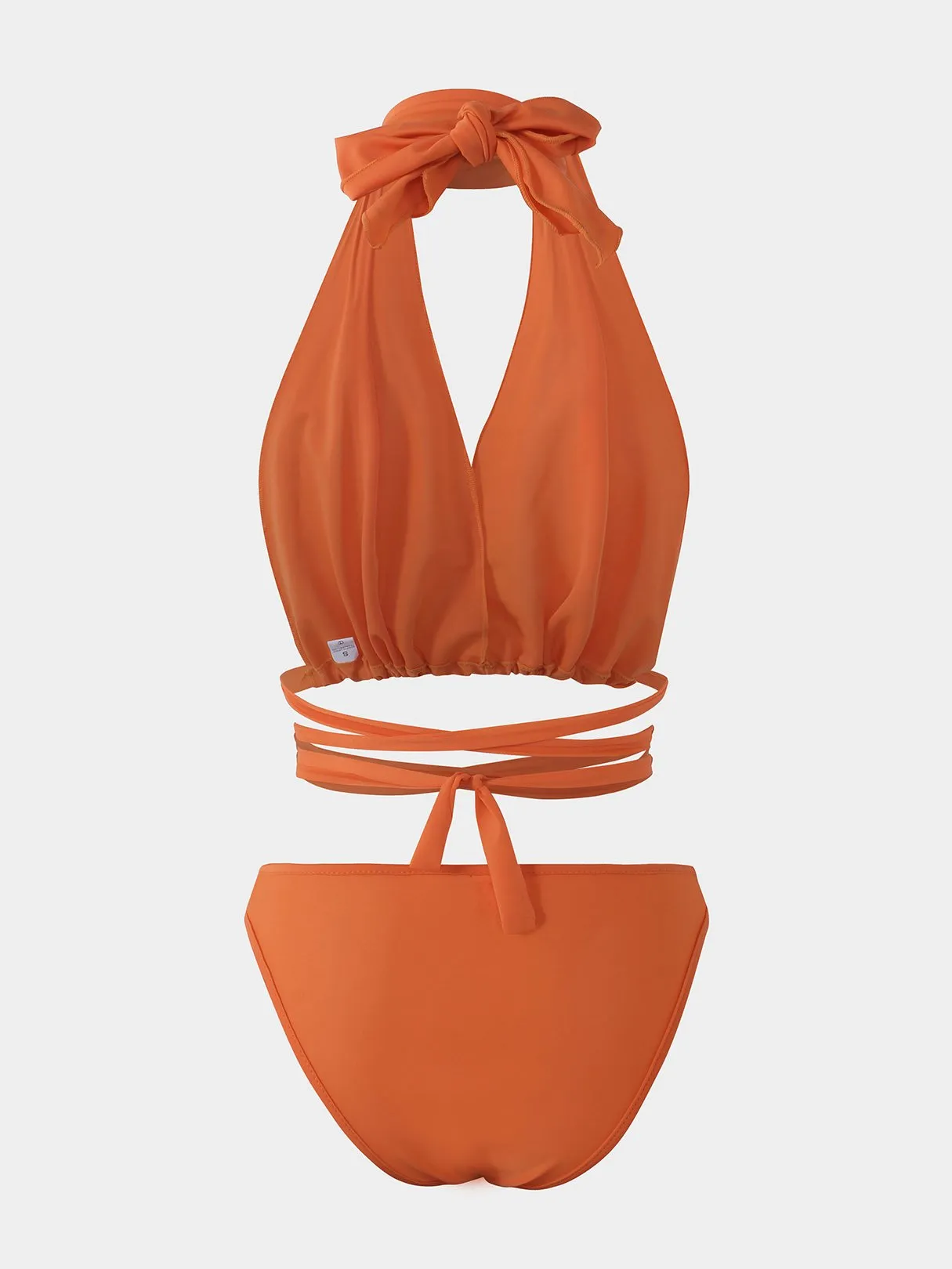 Wholesale Orange Deep V Neck Sleeveless Plain Crossed Front Backless Lace-Up Partially Lined Two Piece Bikinis