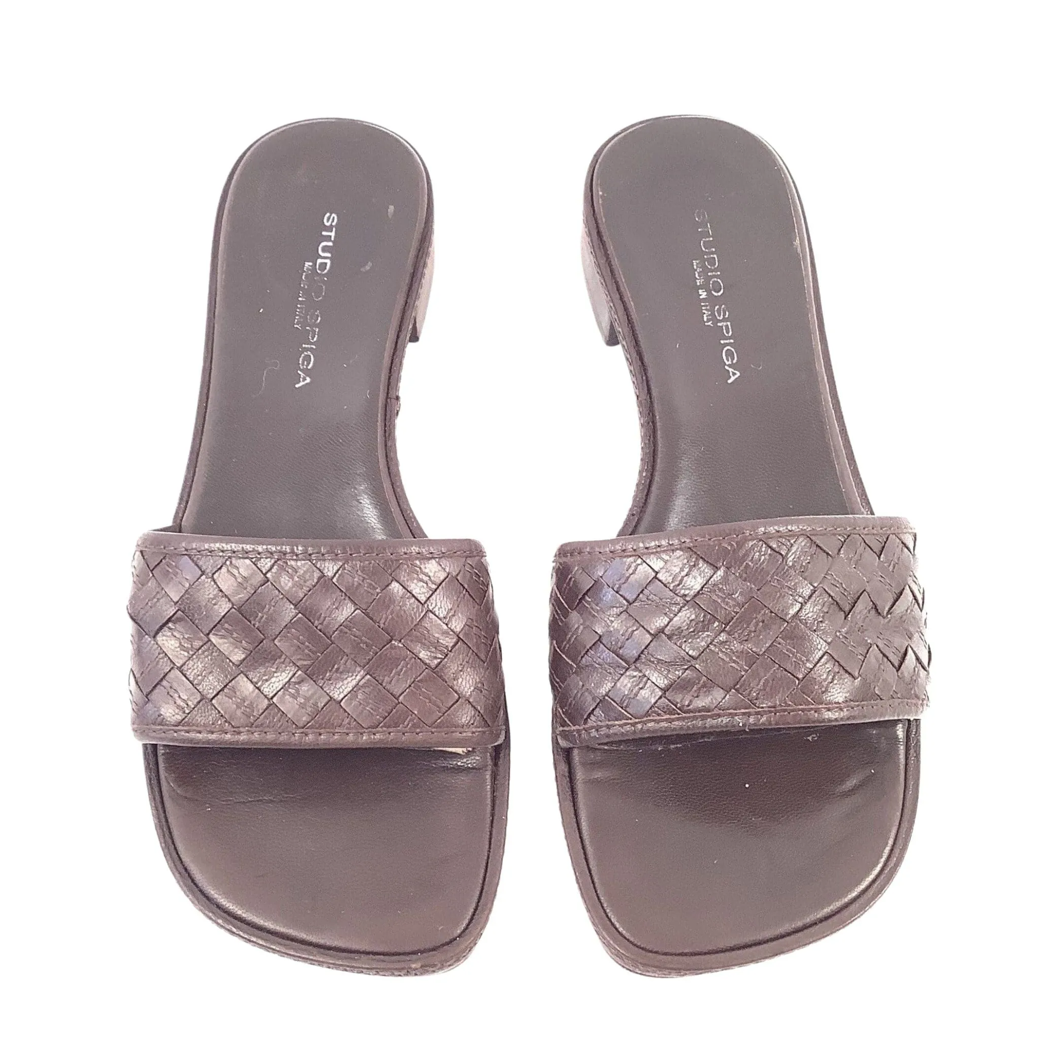 Woven Brown Leather Slides